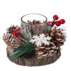 Candle Holder On Tree Slice With Red Berries And Pine Cones