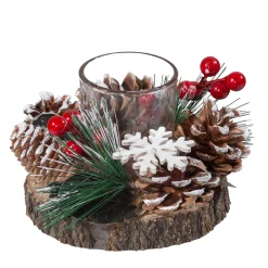 Candle Holder On Tree Slice With Red Berries And Pine Cones