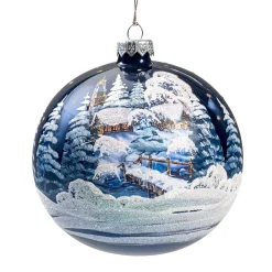Glass Bauble Blue Church Winter Scene, 12 Cm