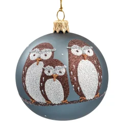 Glass Bauble Blue Matt With Owl Trio, 7 Cm