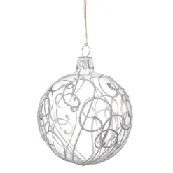 Glass Bauble Clear With Silver Squiggles, 7 Cm