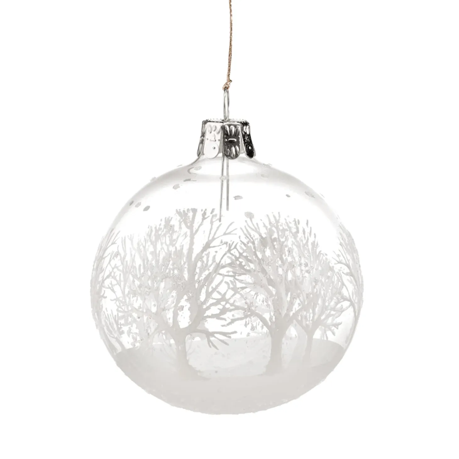 Glass Bauble Clear With White Trees, 7 Cm