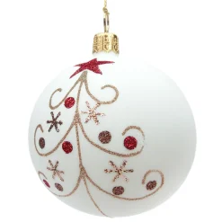 Glass Bauble Cream Matt With Sparkling Tree, 7 Cm
