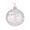 Glass Bauble Frosted White With Two White Owls, 8Cm
