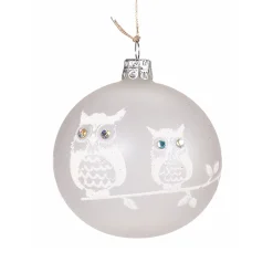 Glass Bauble Frosted White With Two White Owls, 8Cm