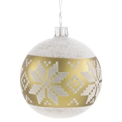 Glass Bauble Greenish Gold With White Pattern, 7 Cm