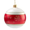 Glass Bauble Opal White With Red Ribbon And Snowflakes, 8 Cm