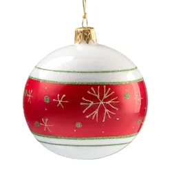 Glass Bauble Opal White With Red Ribbon And Snowflakes, 8 Cm
