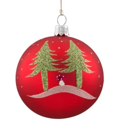 Glass Bauble Red Matt With Trees And Mushrooms, 7 Cm