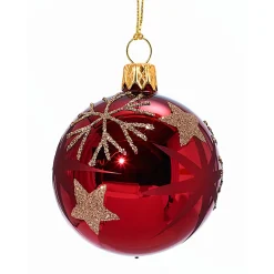 Glass Bauble Red With Golden Stars And Flakes, 6Cm