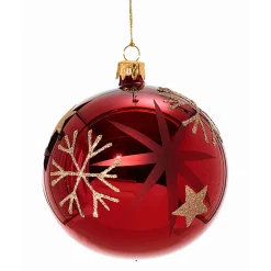 Glass Bauble Red With Golden Stars And Flakes, 10Cm