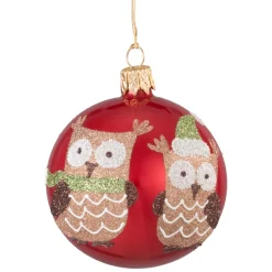 Glass Bauble Red With Two Owls, 7 Cm