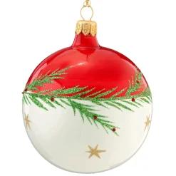 Glass Bauble Red-White With Twig And Stars, 8 Cm