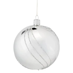 Glass Bauble Silver With Glitter Decor, 10 Cm