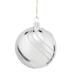 Glass Bauble Silver With Glitter Decor, 8 Cm