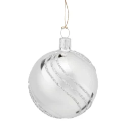 Glass Bauble Silver With Glitter Decor, 6 Cm