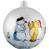 Glass Bauble White Matt Snowman And Bear, 7 Cm