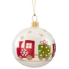 Glass Bauble White Opal With Locomotive, 7 Cm