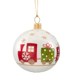 Glass Bauble White Opal With Locomotive, 7 Cm