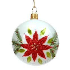 Glass Bauble White With Poinsettia, 7 Cm