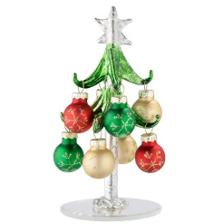 Glass Treee With Green Branches And Colourful Baubles