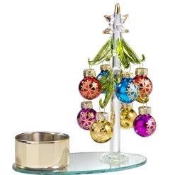 Tealight Holder Glass Tree With Colourful Baubles, Gold